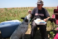 The dog eats well, but then isn't allowed back in the combine