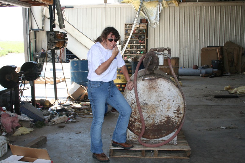 Patty pumps gas the old-fashioned way (and moved the forklift to get to this)